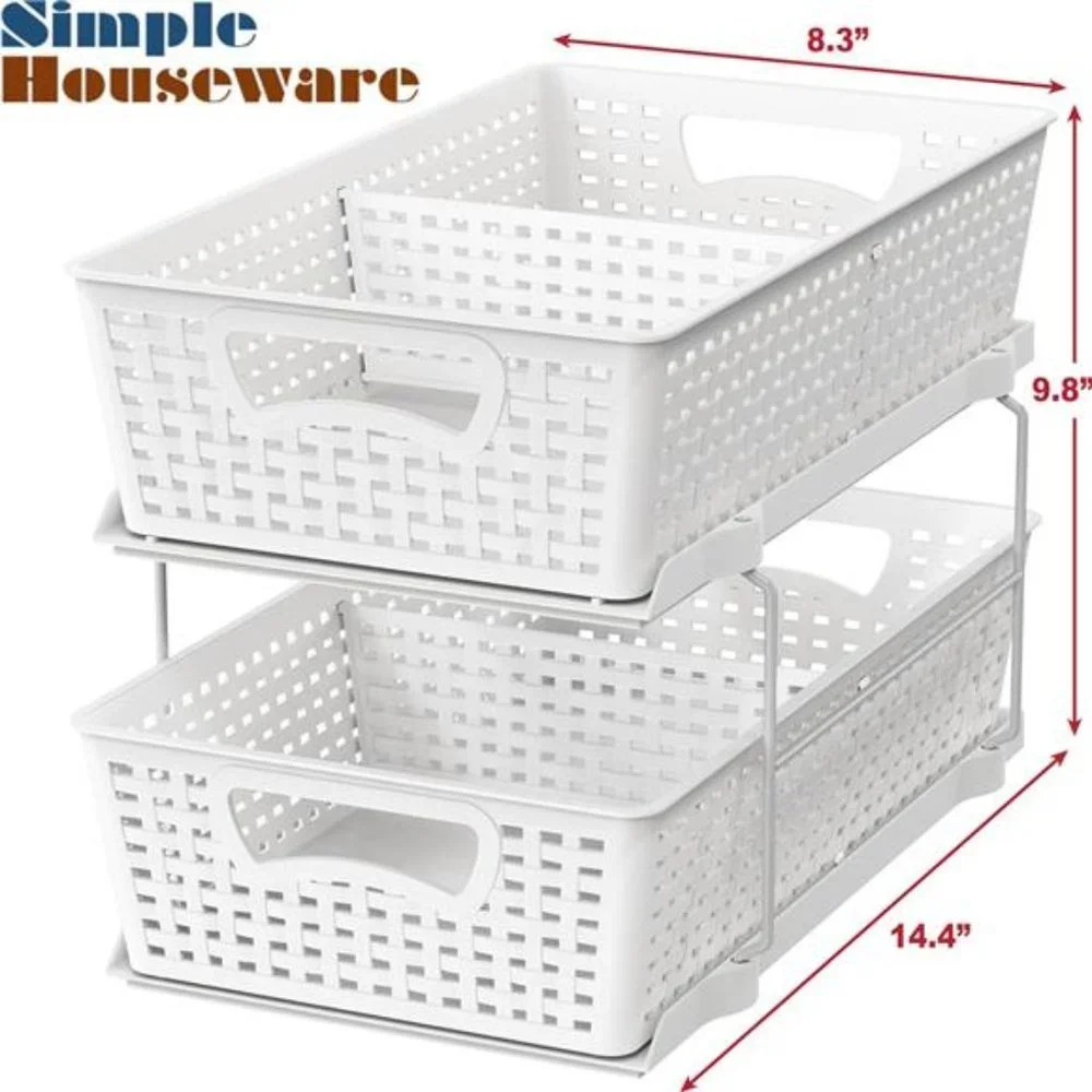 2 Tier Bathroom Organizer Tray Pull-Out Sliding Drawer/Under-Sink Storage, White